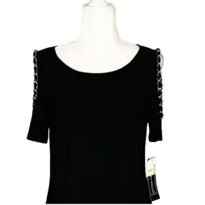 Coco Bianco Top Black Cold Shoulder Gold Chain Strap Detail Top Size Medium NEW thumbnail 4