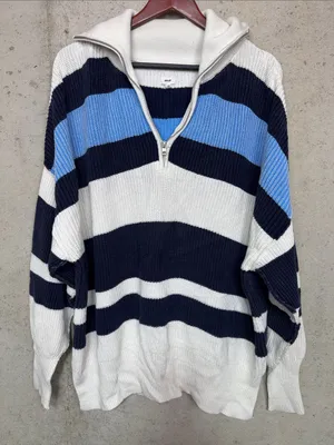 aerie woman oversized Striped Half-Zip Sweater in Navy, White & Light Blue sz M thumbnail 1