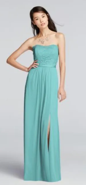 Davids Bridal Women’s Mint Green Maxi Dress Strapless Lace Top Flowy Size 16 thumbnail 1