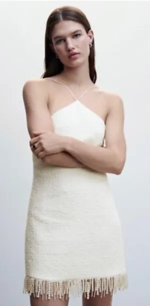 NWT Jason Wu Ivory Tweed Textured Pearl Fringe Mini Dress Size Small thumbnail 1