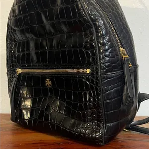 Tory Burch Croc Embossed Black Leather Mini Backpack Purse Gold Logo Casual Luxe thumbnail 10