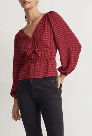 Madewell Red Gingham Plaid Peplum Blouse XS Smocked Tie Front Balloon Sleeve Top thumbnail 1