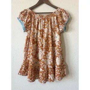 Free People Boho Floral Tunic Top Orange S Cotton Tie Neck Cap Sleeve Ruffle Hem thumbnail 9