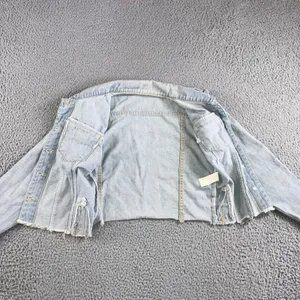 Ruffle Shoulder Denim Jacket Women S Light Wash‎ Raw Hem Cropped Western Spring thumbnail 9