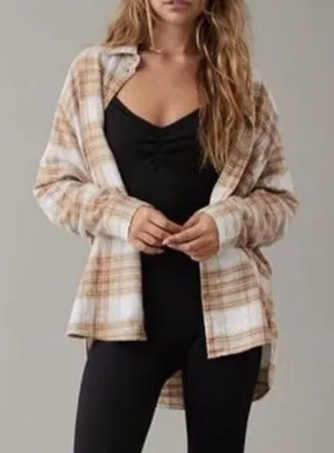 American Eagle Brown Tan Plaid Oversized‎ Button Down Top thumbnail 1