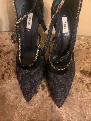 GUESS Black Lace Pointed Toe crisscross gold Chain-Ankle Heels thumbnail 2