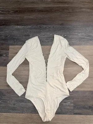T by Alexander Wang White Long-Sleeve Lace-Up Plunge Bodysuit thumbnail 4