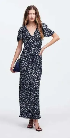 Madewell Seamed Flutter Sleeve Maxi Dress Navy Floral V-Neck NU512 Size 0 thumbnail 1