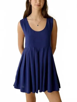 Urban Outfitters UO Popover Pleated Babydoll Mini Dress Navy Small thumbnail 3