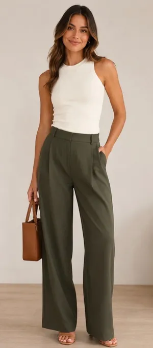 Lulus Olive Green Wide Leg Trousers High Waisted Pleated Dress Pants Size 12 NEW thumbnail 1