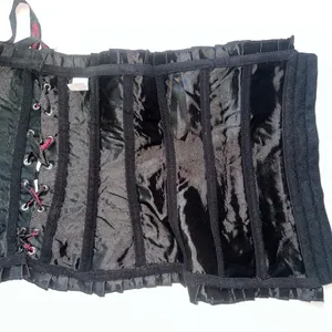 Burlesque Corset Black Satin Lace Up Ribbed Ruffle Fairy thumbnail 5