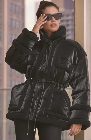 Alo Yoga Ice Breaker Oversized Satin Faux Leather Sherpa Puffer Jacket Size Med thumbnail 1