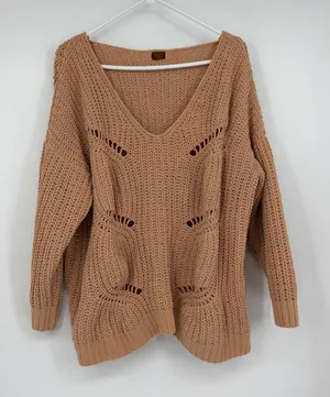 POL Womens Small Tan Chunky Knit Sweater Oversized V Neck Boho Openwork thumbnail 1