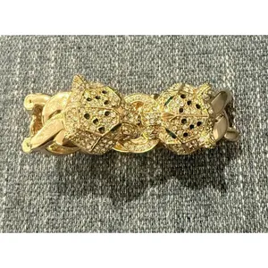 Nordstrom Gold lux Double Leopard Head Rhinestone Stretch Link Bracelet Green thumbnail 6