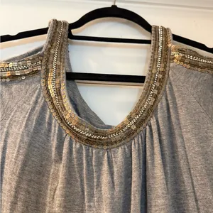 Cache Gray Cold-Shoulder Top with Gold Sequin Trim thumbnail 2