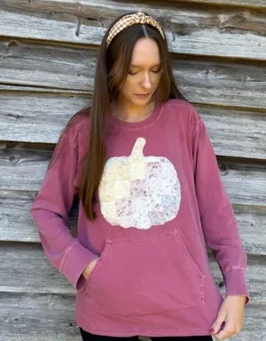 Handmade Quilt Pumpkin Sweatshirt Comfort Colors Fall Halloween Art to Wear thumbnail 1