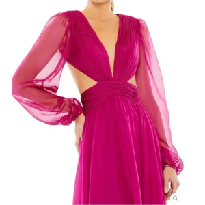 NWT Mac Duggal 55823 RUCHED CUT OUT PUFF SLEEVE A LINE GOWN Berry 12 thumbnail 4
