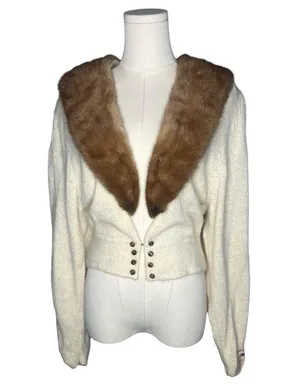 Vintage Linden O Fur Collar Silk Knit Cardigan Sweater Luxury Grandma Chic thumbnail 1