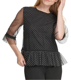 NWT DKNY XS Black Polka Dot Mesh Peplum Blouse Sheer 3/4 Ruffle‎ Sleeve Top thumbnail 1