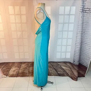 Blashe NWT Turquoise Halter Stretch Satin Crisscross Open Back Long Gown Medium thumbnail 4