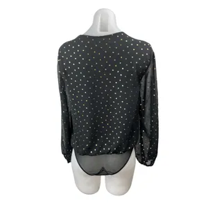 All in Favor Black Metallic Dot Sheer Mesh Long Sleeve Wrap Bodysuit Top Size S thumbnail 4