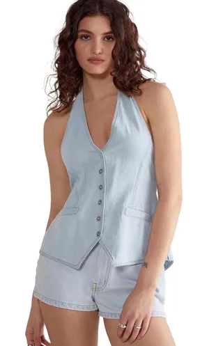 NWT Nasty Gal Chambray Halterneck Top Light‎ Wash Tie Back Size 2 thumbnail 1