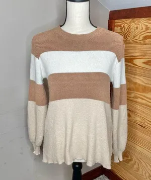 Le lis Brown White Tan Striped Colorblock Balloon Sleeve Crewneck Sweater Small thumbnail 1