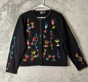 Vintage 90s Black Cocktail Martini Embroidered Cardigan Quirky Sweater Large thumbnail 1