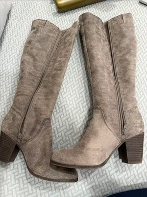Fergalicious Taupe Suede Over-the-Knee Woven-Panel Boots Size 7.5 thumbnail 9