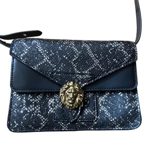 Classic Kitschy Faux Snake-Print Adjustable Black Crossbody Bag Lion Emblem NWT thumbnail 3