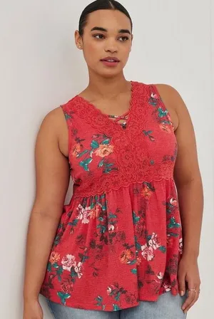 Torrid Red Floral Print Babydoll Tank Top Size 2X thumbnail 1