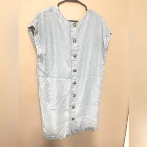 PORRIDGE Light Wash Blue Chambray Pockets Button Back‎ V-Neck Mini Dress Size S thumbnail 4