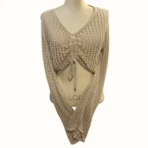 Open Knit L Tan Tie Front Cropped Cardigan Sweater Slouchy Boho Fairy‎ Grunge thumbnail 4