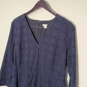 J Crew Navy Blue‎ Cotton Eyelet Dress V Neck 3/4 Sleeve Scalloped Hem Women's 14 thumbnail 3