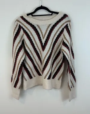 Evereve Cozy Chevron Striped Crewneck Sweater Cream with Brown & Burgundy Medium thumbnail 1