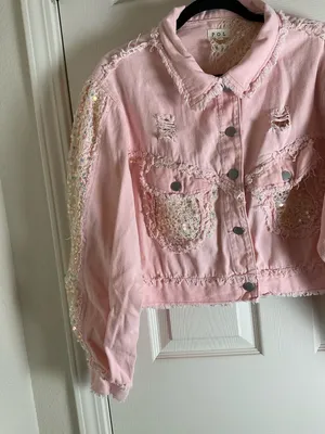 POL Pink Blush Denim Jacket with Sequin Lace Sleeves & Raw Hem - Sz L thumbnail 4