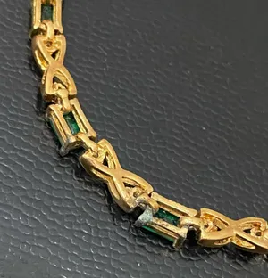 Unsigned Gold-tone Emerald Green & Clear CZ Stone 7.5” Tennis Bracelet 8.7g thumbnail 6