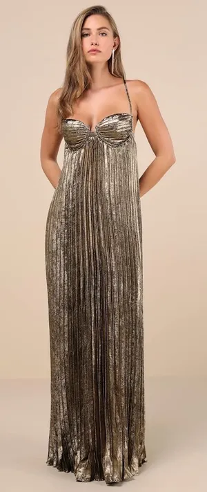 Lulus Brilliant Allure Gold Metallic Lurex Pleated Maxi Dress Formal Glam XS NWT thumbnail 1