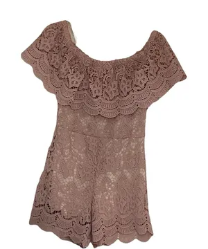 Lac Bleu ‎ Romper Size M Soft Pink Lace Crochet Off The Shoulder thumbnail 1