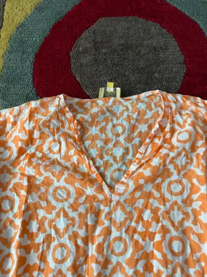 Roberta Roller Rabbit by Roberta Freymann Long Tunic Top Blouse Orange White XS thumbnail 2