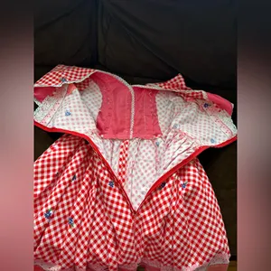 Red White Retro Gingham Checkered Lace Sleeveless Wing Hand Made Dress Sz S thumbnail 13