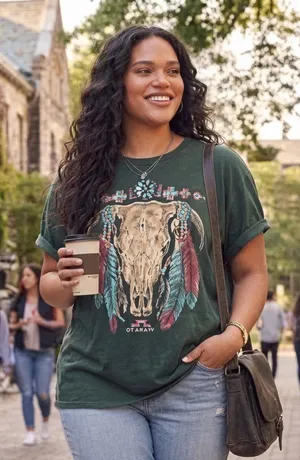 Vintage 90s Steer Skull T-Shirt, Hunter Green Cotton, Southwestern Aztec Tribal thumbnail 1