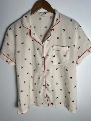LG Cherry Print Pajama Top Cream Red Piping Short Sleeve Button Down Girly thumbnail 1