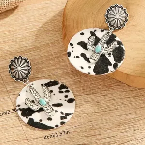 Cow pattern cactus‎ with turquoise decor dangle ethnic style earrings Black thumbnail 4