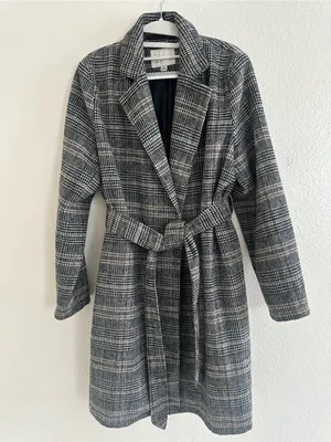 a new day Gray Plaid Belted Coat thumbnail 2