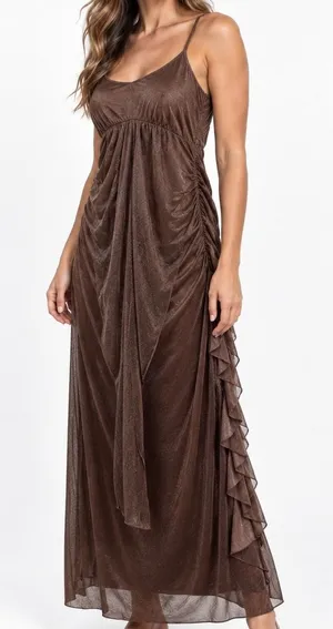SheIn Women Brown Maxi Dress L Ruched Draped Spaghetti Strap Y2K Evening Party thumbnail 1