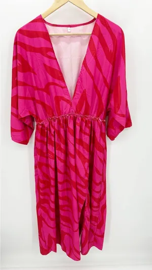 Womens Red Pink‎ Printed Maxi Dress Size S Resort Side Slit Half Sleeve Boho thumbnail 1