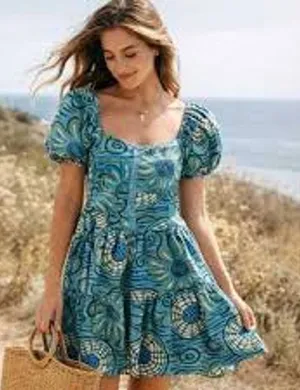 mini dress S House of Harlow 1960 turquoise floral linen puff-sleeve corset thumbnail 1