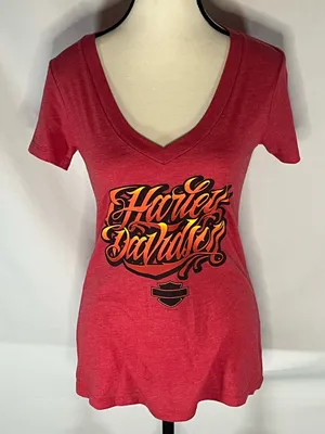 Harley Davidson Black Gold Allen TX Flame Script Women’s V-Neck Shirt Medium thumbnail 1
