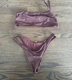 Vitamin A Asymmetrical One Shoulder Sparkly Plum Purple Bikini Set thumbnail 1